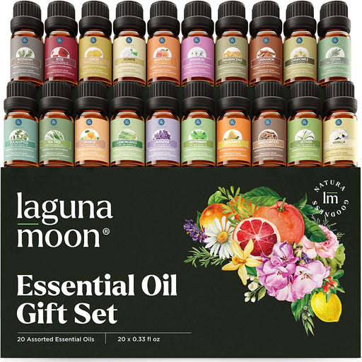 Essential Oils Set - Top 20 Gift Set Oils for Diffusers, Humidifiers, Massages, Aromatherapy, Candle Making, Skin & Hair Care - Peppermint, Tea Tree, Lavender, Eucalyptus, Lemongrass (10Ml)